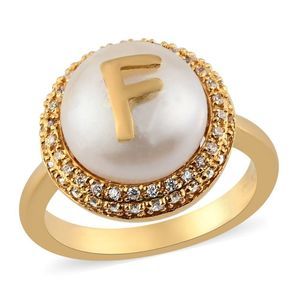 Freshwater Pearl 12mm and Simulated Diamond Initial F Ring in 18K YG Pla…
